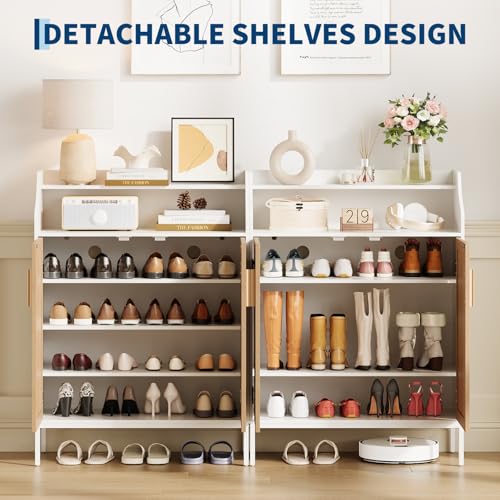 Patikuin Shoe Storage Cabinet for Entryway, 5-Tier White Shoes Cabinet w/Doors and 3 Adjustable Shelves, 41" Tall Wood Shoe Rack for Closet, Modern Shoes Organizer for Entryway, Hallway, Living Room - color: White + Brown