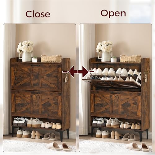 MAHANCRIS Shoe Storage Cabinet, Shoe Organizer with 2 Flip Drawers, Hidden Shoe Storage for Entryway, Freestanding Organizer with Open Storages, Rustic Brown SHHR9401N1 - color: Rustic Brown