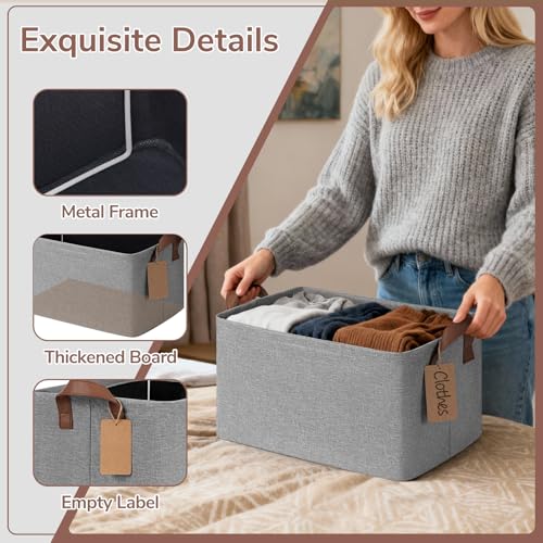 CHICVITA 4 Pack Storage Baskets for Shelves, Foldable Fabric Storage Bins with Metal Frame Handles, Closet Organizer Bins for Toys Blankets, 14.8" x 10.3" x 8.3", Gray - color: Gray, size: 20L (14.8"L x 10.3"W x 8.3"H)