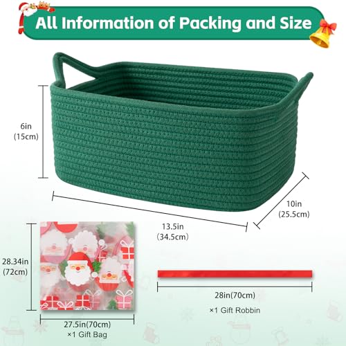 OIAHOMY Woven Basket, Gift Basket Empty with Gift Bags and Ribbons, Rope Baskets for Baby Showers, Storage Baskets with Handles for Nursery, Pet Toy Organizer - Christmas Green - color: Christmas Green, size: Medium: 13.5L*10W*6H