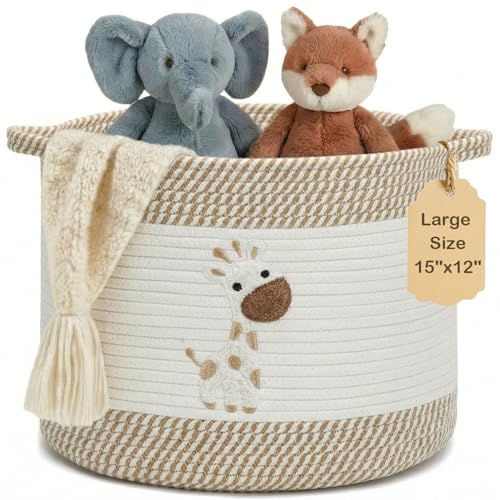 Baby Laundry Basket for Nursery, Baby Storage Baskets, Soft Foldable Cotton Rope Bin with Cute Embroidered Designs for Home Toys Organizer - color: Giraffe