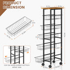 6 Tier Slim Storage Cart with Pull Out Basket, Wooden Top Rolling Kitchen Cart with Lockable Wheels, Metal Wire Fruit Vegetable Storage Basket Narrow Utility Organizer for Kitchen, Bathroom, Laundry