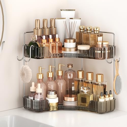 Corner Counter Organizer, 2-Tier Bathroom & Kitchen Storage Tray with Hooks | Clear Vanity Organizer for Skincare, Makeup & Jewelry - color: Grey, size: 2 Tier