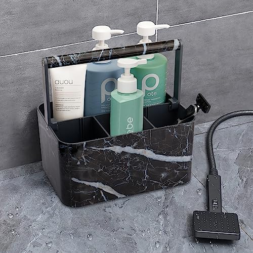 BYUNER Plastic Shower Caddy Dorm: Portable Bathroom Caddy Organizer for College with Handle and Adjustable Divider, Utility Hard Shower Basket Bath Tote for Toiletry, Shampoo, Soap (Black Marble) - color: Black Marble