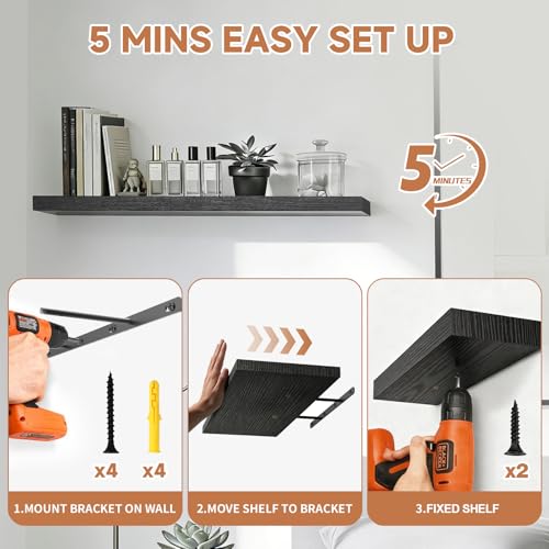 Assembly Easy Floating Shelves Set of 3,24 Inch Wall Mounted Wooden Shelf, Rustic Hanging Shelves for Home Decor, Books and Storage, Organizer for Bedroom,Small Bathroom,Kitchen,Black - color: Black, size: 24IN