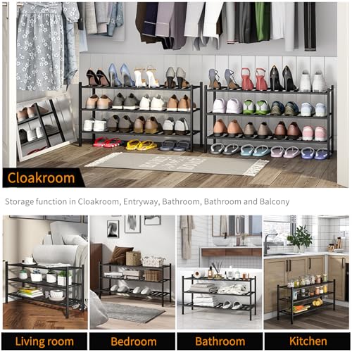 Long Shoe Rack, 3-Tier Bamboo Stackable Shoe Shelf Storage Organizer, Shoe Stand for Closet, Entryway and Hallway - color: Black, size: 3-Tier-Long