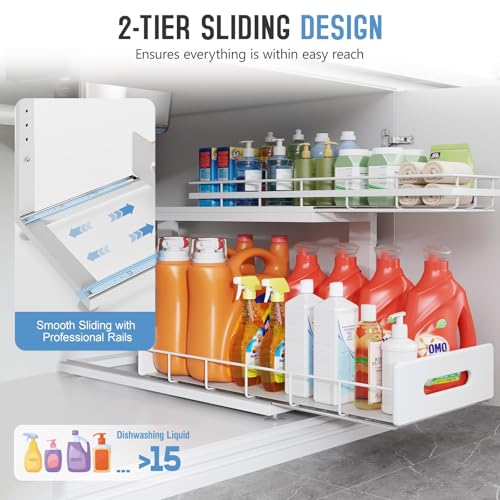 Under Sink Organizer Upgrade To Professional Rails,2-Tier Dual Pull Out Cabinet Storage,Height Adjustable Slide Out Drawers For Bathroom Kitchen,2 Pack-21"Dx12.8"-16.9"H,White - color: White, size: 2 Pack-21"Dx12.8"-16.9"H