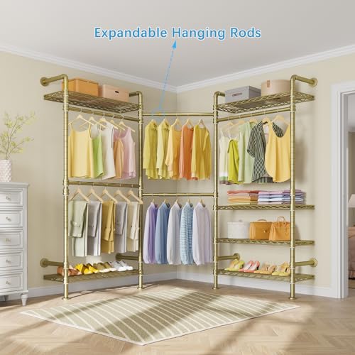 Timate F3 Garment Rack Heavy Duty Clothes Rack for Hanging Clothes, Expandable Industrial Pipe Wall Mounted Clothing Rack, Adjustable Storage Wardrobe Closets Kit Walk in Closet Systems, Gold - color: Gold, size: F3