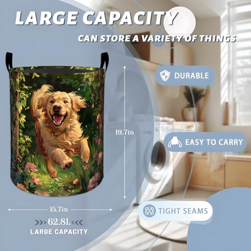 Energetic Running Golden Retriever Laundry Basket with Handles, 19.7"x15.7" Clothes Foldable Laundry Hamper Organizer for Dorm Nursery Bedroom Bathroom Decor, Toy Storage Bin for Kids - style: Golden Retriever61