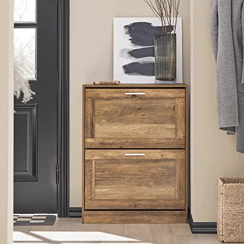 SoBuy Narrow Shoe Cabinet Entryway, Slim Shoe Rack 2 Flip-Drawers, Shoe Storage Cupboard for Hallway Brown FSR137-F - color: Natural, size: 2 Drawers