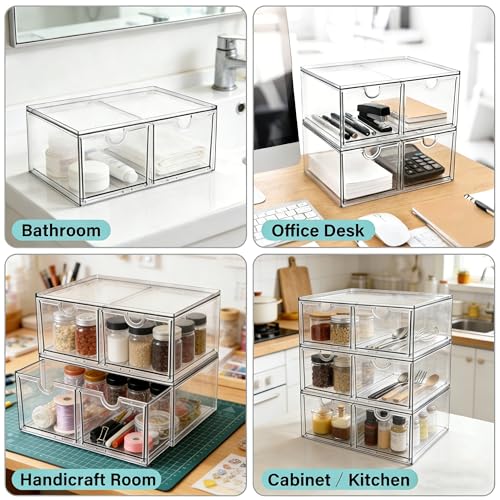 Prsildan Stackable Clear Makeup Organizer, 3 Pack Acrylic Storage Drawers with 6 Drawers for Vanity Bathroom Office Desk Modular Drawer System for Cosmetics Jewelry Toiletries Home Organization - style: Style2-6Drawers