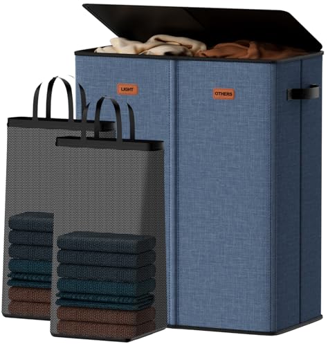 150L Double Laundry Hamper With Lid, Large Clothes Hampers with Removable Bag, Laundry Hamper 2 Section for Bathroom, Bedroom, Laundry Room, Dorm, Navy Blue - color: Navy Bule, size: 150L - 2 Section