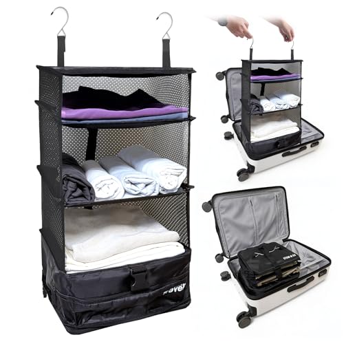 Grand Fusion Stow-N-Go Packing Organizer for Luggage, Portable Hanging Travel Shelves, Carry-On Closet, Hanging Packing Cubes, Collapsible Carry-On Organizer for Cruises & Hotels. Black - L - color: Black, size: L = (L) 11.8" x (W) 11.8"