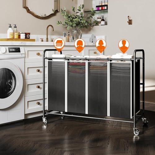 ROMOON Laundry Hamper Sorter Cart: 4-Section Organizer with Heavy-Duty Lockable Wheels and Removable Bags | 180L Rolling Laundry Basket for Dirty Clothes in Laundry Room or Small Spaces (Black) - color: black