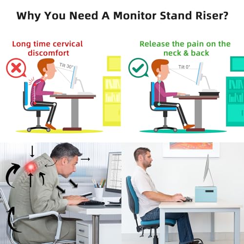 Marbrasse Monitor Stand Riser, 16.5 Inch 2 Tier Computer Printer Shelf Stand for Laptop Computer Screen Storage, Desktop Stand with Phone Holder and Cable Management (Blue) - color: Blue