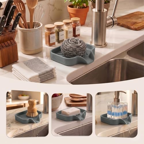 MicoYang Silicone Bathroom Soap Dishes with Drain Spout-Bathroom and Kitchen Sink Organizer,Sponge Holder,Dish Soap Tray,Perfect for Dispenser,Scrubber,Bottle,Cup on Sink or Counter-Grey 4.9"×3.2" - color: Grey, size: S(4.9"×3.2")