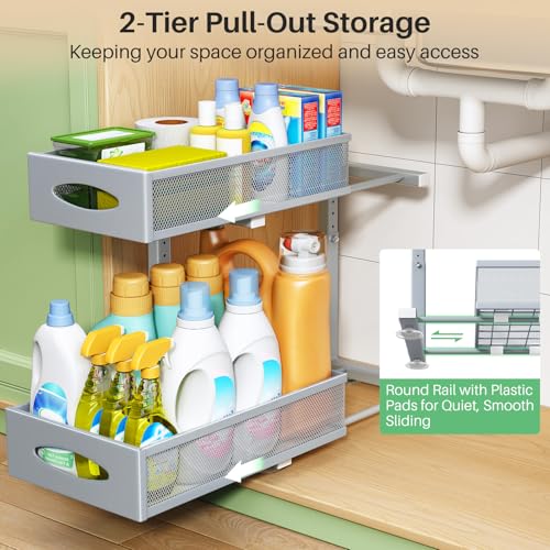 2 Pack Under Sink Organizer, 2 Tier Pull out Cabinet Organizer Mesh Baskets with 5 Adjustable Heights, Sliding Drawers Storage Shelf for Home, Kitchen, Bathroom, Pantry, Office, Countertop ,Grey - color: Grey, size: 2 Pack
