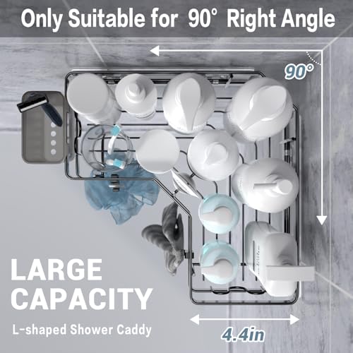 AKTECKE Corner Shower Caddy, 2 Pack Adhesive Shower Corner Organizer Shelves, No Drilling Stainless Steel Shower Storage Rack with Hooks&Toothpaste Holder for Bathroom Kitchen （for 90° Corners Only） - color: black, size: 9.6"×9.6"×2.6"