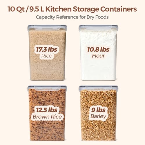 ComSaf Rice Container Set of 2(9.5L/10Qt), Large Airtight Food Storage Containers with Lid and Rice Washer, Plastic Canisters Sets for The Kitchen, Pantry Organizers for Flour, Cereal and Cooking - size: 10Qt-Rectangle