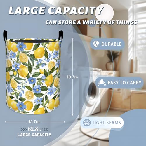 Fresh Lemons and Blue Flowers Laundry Basket with Handles, 19.7"x15.7" Clothes Foldable Laundry Hamper Organizer for Dorm Nursery Bedroom Bathroom Decor, Toy Storage Bin for Kids - style: Lemon68