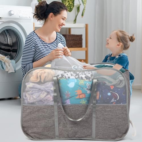Collapsible Laundry Baskets with 3 Compartment, 150L Tear-proof Pop Up Hamper, Foldable Laundry Basket with Tote Handles, Dirty Clothes Hamper for Laundry, Bedroom, Bathroom, Dorm Grey - style: 3 Compartments- Grey