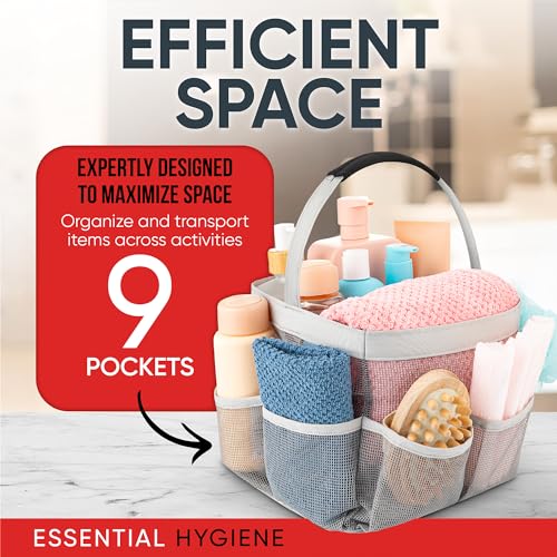 Masirs Mesh Shower Caddy – 9 Pocket Portable Shower Caddy Organizer for College Dorm, Travel, Gym, Bathroom – Quick Dry, Lightweight Tote Bag for Toiletries & Essentials, Gray - color: Gray