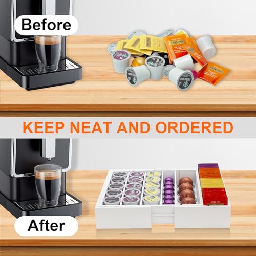 MinBoo Bamboo Drawer Organizer - Expandable K Cup & Pods Holder, Coffee Pod Storage, Tea Organizer, Versatile Kitchen Accessory Organization and Storage,White - color: White