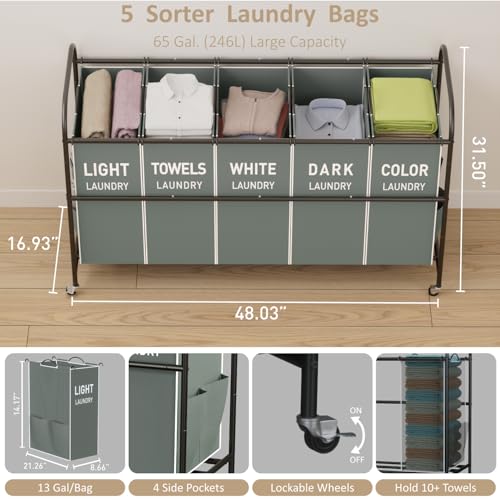 5-Section Laundry Sorter Cart, Large Laundry Hamper with Lockable Rolling Wheels, Versatile Storage Organizer with Removable Bags for Dirty Clothes, Gray - color: Gray