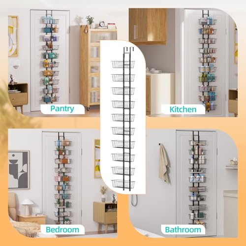 10-Tier Over The Door Organizer with Baskets - Heavy Duty Spice Rack Metal Hanging Shelf for Pantry & Kitchen | Adjustable Spice Rack, Space-Saving Hanging Storage for Bathroom, Laundry, Black - color: Black, size: 10-Tier