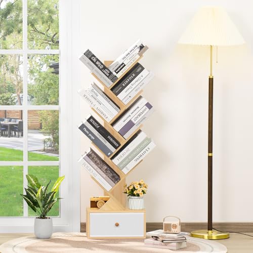 SHEEPAM 8 Tier Tree Bookshelf with Drawer, Free Standing Wood Bookcase for Narrow Space, Storage Organizer Bookshelves for Books, Book Case for Home Office, Living Room, Bedroom - Natural - color: Natural, size: 8 Tier