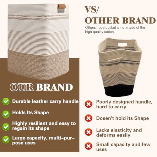 Laundry Hamper, 85L Tall Laundry Basket with Leather Handles, Rectangle Large Clothes Hamper for Organizing, Cotton Woven Laundry Baskets Storage Hampers for Bedroom, Nursery, Living Room - color: Light Brown & White, size: 85L