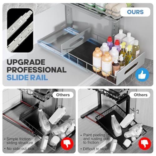 Under Sink Organizer Upgrade To Professional Rails,2-Tier Dual Pull Out Cabinet Storage,Height Adjustable Slide Out Drawers For Bathroom Kitchen,2 Pack-14.5"Dx12.8"-16.9"H,Gun Gray - color: Gun Gray, size: 2 Pack-14.5"Dx12.8"-16.9"H