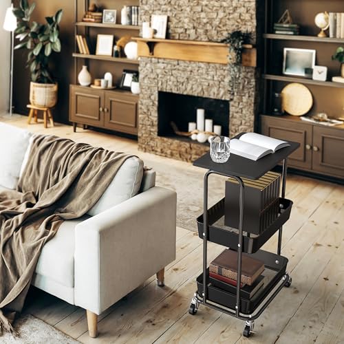 Simple Houseware 2-Tier Rolling Utility Cart with Lockable Wheels and Wood Top, Metal Storage Organizer Trolley for Kitchen, Bathroom, Office, Craft Room, Black - color: Black