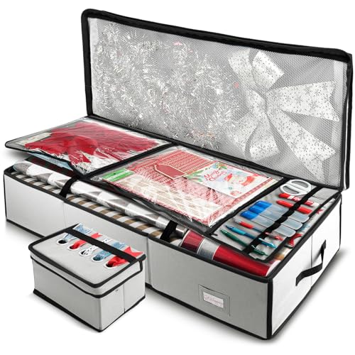 Hearth & Harbor Wrapping Paper Storage Container - Christmas Storage Bag with Ribbon Dispenser and Interior Pockets - Gift Wrap Organizer Fits Up to 26 Rolls of 40" Length, Silver - color: Silver, size: Large