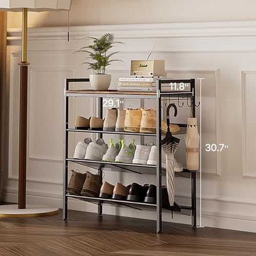 4 Tier Shoe Rack, Shoe Rack for Entryway with Hook, Shoe Organizer with Adjustable Mesh Shelves, Metal Shoe Storage, Closet, Bedroom Living Room Garage - size: 4 Tier