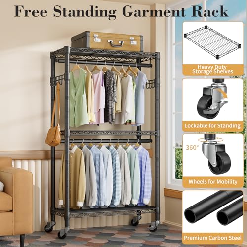 Heavy Duty Clothes Rack Rolling Garment Rack,3 Tier Adjustable Wire Shelving Clothing Racks for Hanging Clothes with Double Rods&Side Hooks,Freestanding Wardrobe Storage Rack Metal Portable Closet - color: Black1, size: 15.75"D x 23.5"W x 72.45"H