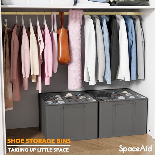 SpaceAid Shoe Organizer for Closet, 2 Pack Foldable Shoe Storage Containers Baskets Boxes Bins w/Adjustable Dividers, Fits 16-32 Pairs, Grey - color: Grey