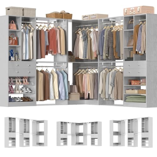 Closet System (Set of 3) with 4 Drawers, 8 Hanging Robs, 91.5"/151" Closet Organizer System with Corner Tower, Reversible Walk-in Closet System Corner Closet System, Morandi Grey - color: Morandi Grey, size: 90.5" * 90.5"