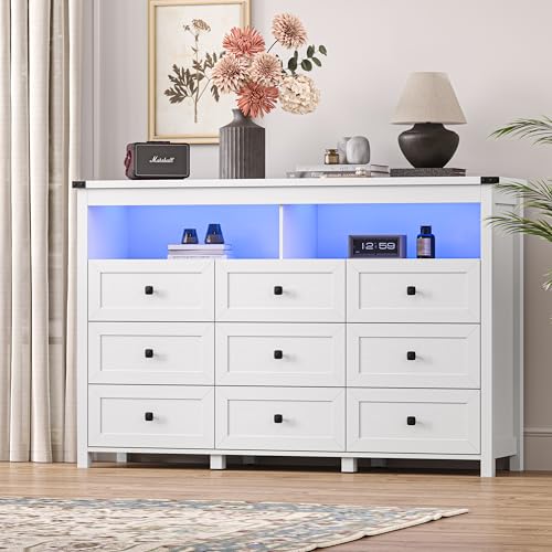 Dresser for Bedroom with 9 Drawers, Wide Modern Chest of Drawers with LED Light and Power Outlet, Wooden Closet Organizer Clothes Storage Cabinet, Double Dressers for Living Room, Hallway, White - color: White, size: 15.8"D x 59.1"W x 39.4"H (9 Drawers)