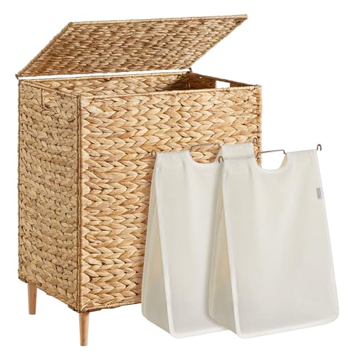 SONGMICS Laundry Hamper 2 Sections, 34.3 Gal. (130 L) Handwoven Water Hyacinth Wicker Laundry Basket with Lid, Natural Material, Removable Machine Washable Liners, Handles, Natural ULCB202Y01 - color: Natural, size: 130 L (Handwoven)
