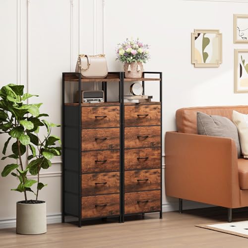 Somdot Tall Nightstand for Bedroom, Tall 5 Drawers Dresser, Vertical Storage Tower Unit, Nightstand Furniture with Fabric Drawer Organizer in Bedside Kids Room, Laundry Entryway, Wood Grain Print - color: Wood Grain Print, size: 11.4"D x 15.2"W x 42.1"H (