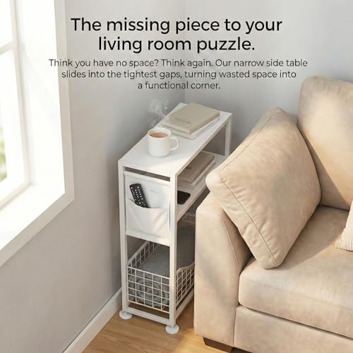 Skinny Side Table with Storage, 3 Tier Slim Side Tables for Small Spaces, Skinny End Table Narrow Bedside Table Narrow Side Table for Living Room, Bedroom - color: White