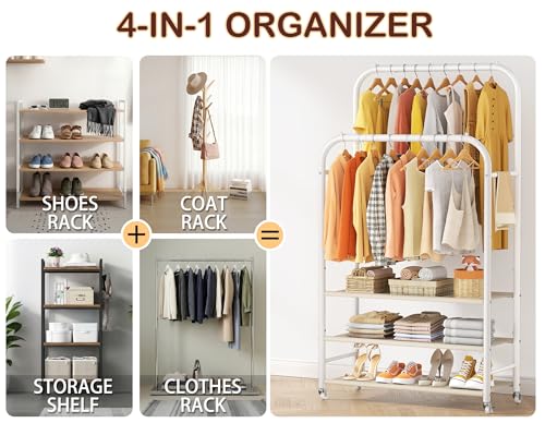 HOMIDEC Double Rods Clothes Rack Clothing Rack with 3 Tier Storage Shelves Clothes Rack for Hanging Clothes Multifunctional Heavy Duty Clothes Organizer for Bedroom,Wardrobe Closet,Shop,White - color: White