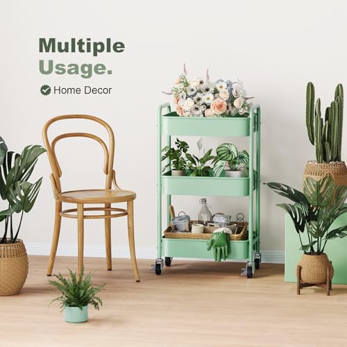 3 Tier Rolling Storage Cart Metal with Wheels, Green Baby Diaper Caddy Carts, Three Tiered Craft Cart Organizer on Wheels, Utility Roller Trolley for Art, Book, Snack, Office, Laundry, Bathroom Shelf - color: Sage Green, size: 3-Tier + Cups + Hooks