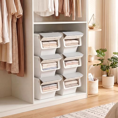 Giantex Plastic Stackable Storage Bins with Lids & Wheels, 3 Pack Open Front Stacking Bins, Organizer Bins for Pantry, Kitchen, Laundry, Closet, Playroom, Bedroom Organization （12.5 QT） - color: White + Gray, size: 3 Pack, 12.5 QT