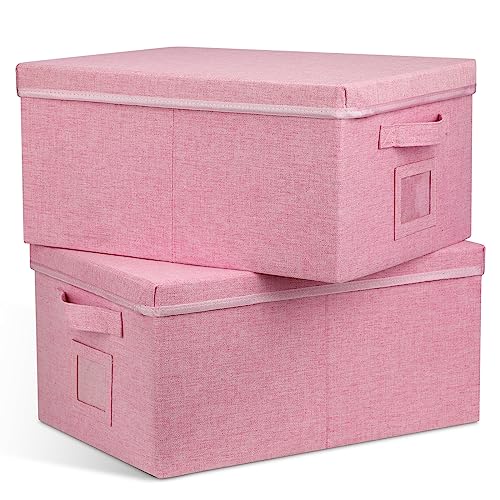Graciadeco 22.8qt Closet Storage Boxes with Lids Pink Folding Keepsake Storage Bins Stackable Flat Lidded Carboard Storage Contaner for Clothes Barbie Shoes, 2 Pack - color: Pink