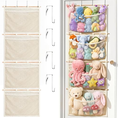 Over Door Large-Capacity Stuffed Animal Storage with Metal Hook & Wooden Stick, Hanging Plush Animal Bear Doll Toy Organizer Net Hammock Behind Door, Boho Nursery Dorm Bedroom Decor for Girl Boy Kid