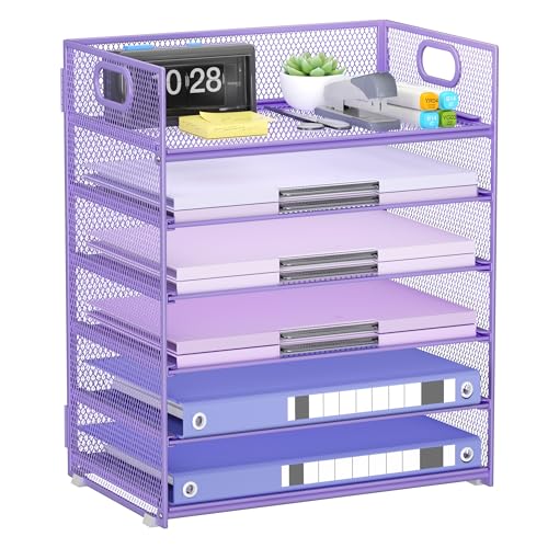 Purple Paper Organizer for Desk with Handle, 6-Tier Metal Mesh File Organizer | Stackable Desktop Organizer for Office Supplies & Stationery Storage - color: Purple, size: 12.6" x 9.1" x 13.5"