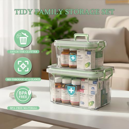 ANYPROLUS 2 Pack Clear Medicine Organizer Box with Handle, Plastic Medicine Container with Tray First Aid Box Empty, Thickened Medicine Storage Organizer Multipurpose Medication Organizer Storage - color: Green-2Pack