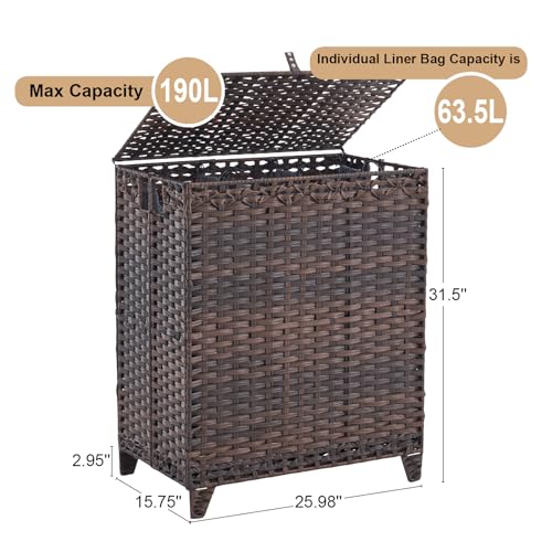 Laundry Hamper with Lid, 190L Large Laundry Basket 3 Section with 6 Removable Liner Bags & 3 Mesh Laundry Bags, Handwoven Rattan Clothes Hamper with Heightened Feet, No Install Needed, Brown - color: Brown